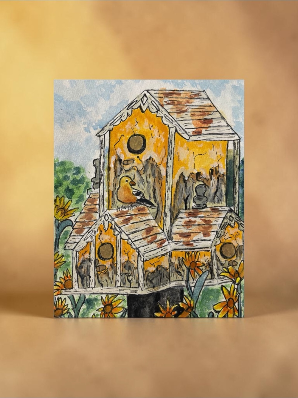 Rustic Sunflower Birdhouse Print 8x10 | Original Art by Briefcase Artist